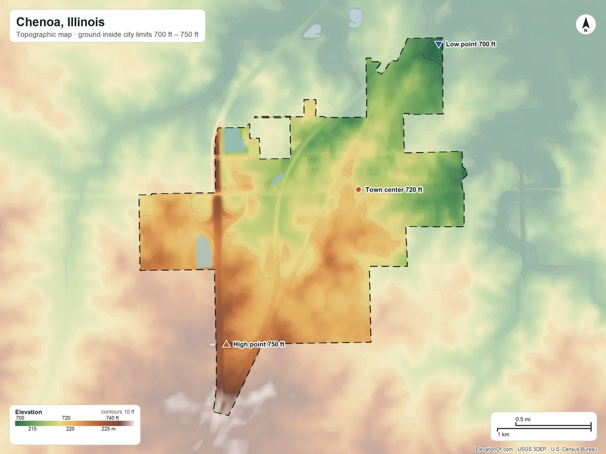 Topographic elevation map of Chenoa, Illinois, shaded from 700 ft on the northeast side to 750 ft on the southwest side
