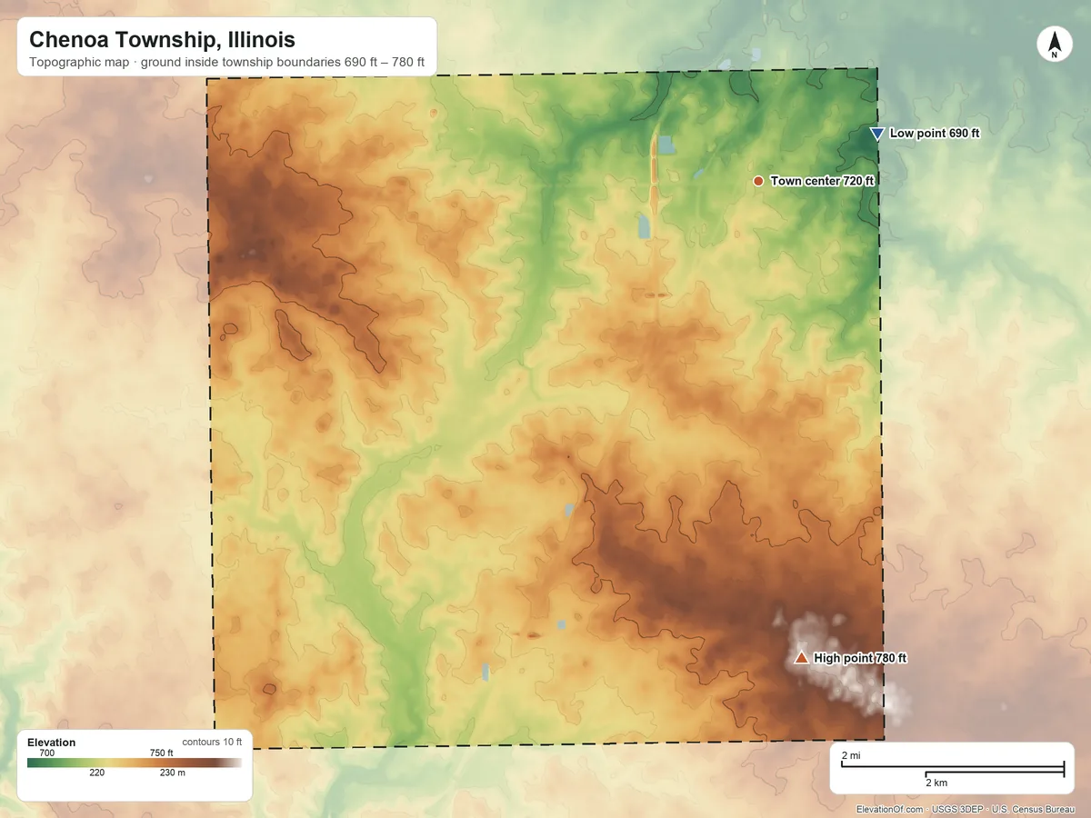 Topographic elevation map of Chenoa Township, Illinois, shaded from 690 ft on the east side to 780 ft on the south side