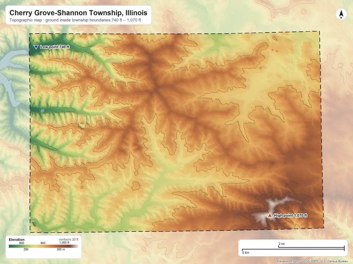 Topographic elevation map of Cherry Grove-Shannon Township, Illinois, shaded from 740 ft on the northwest side to 1,070 ft on the southeast side