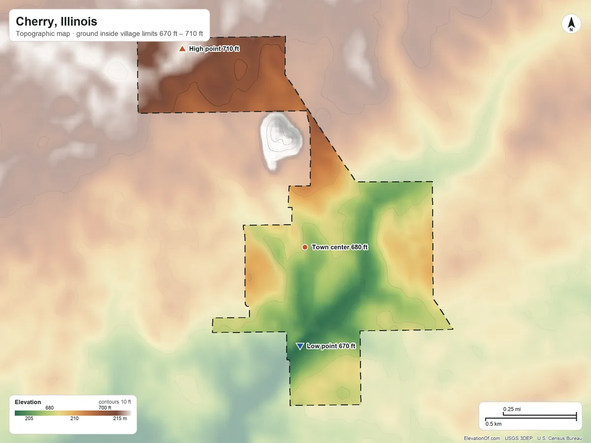 Topographic elevation map of Cherry, Illinois, shaded from 670 ft on the south side to 710 ft on the northwest side