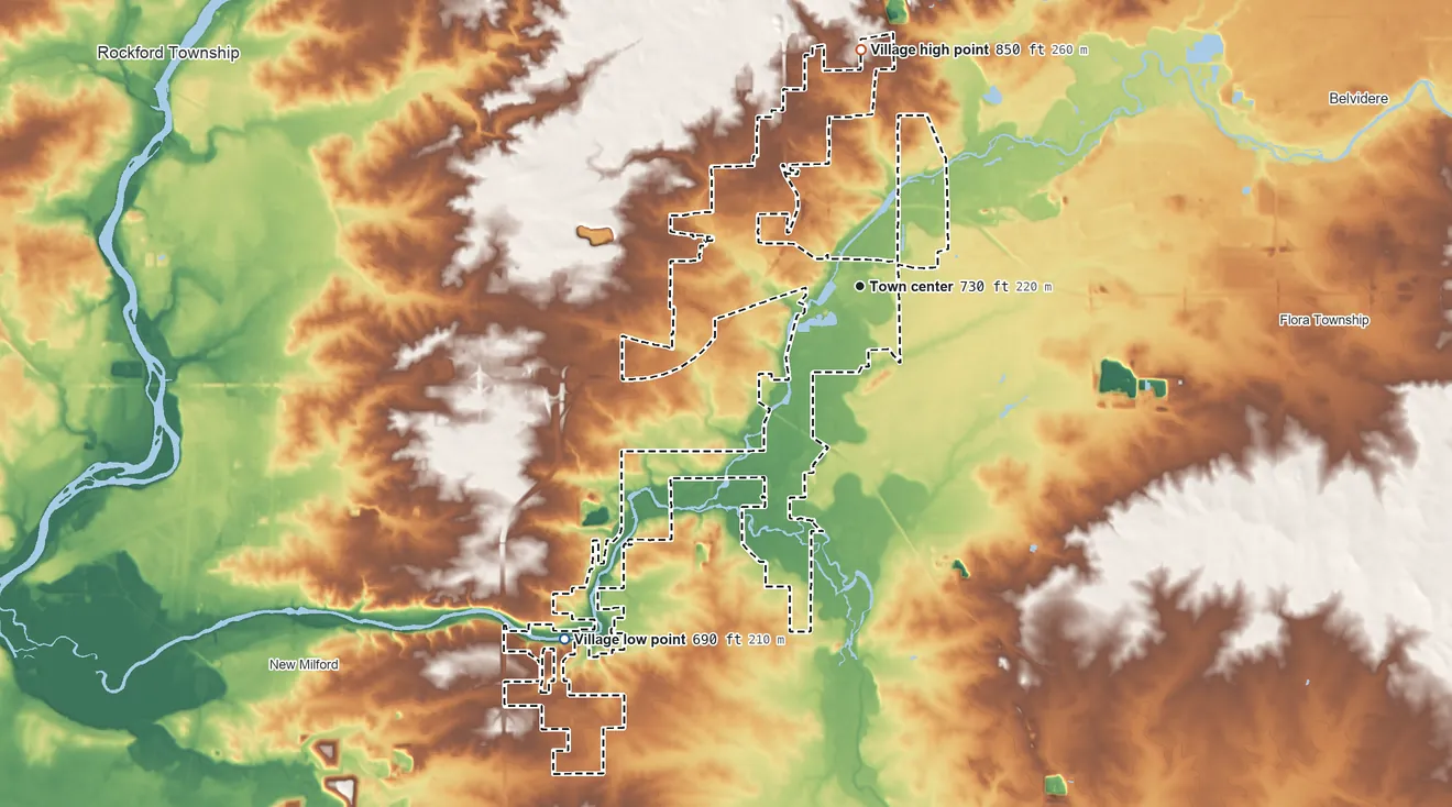 Topographic elevation map of Cherry Valley, Illinois, shaded from 690 ft on the southwest side to 850 ft on the north side