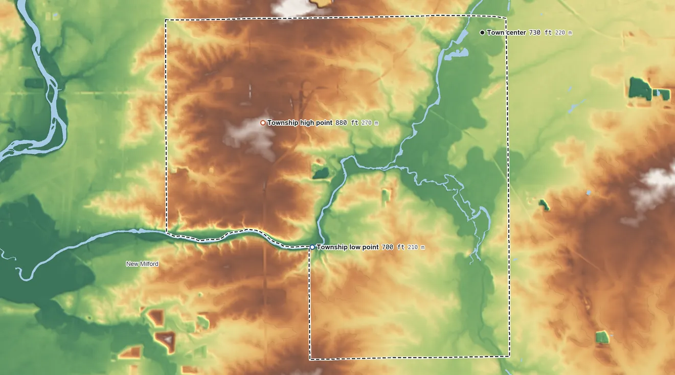 Topographic elevation map of Cherry Valley Township, Illinois, shaded from 700 ft on the southwest side to 880 ft on the west side