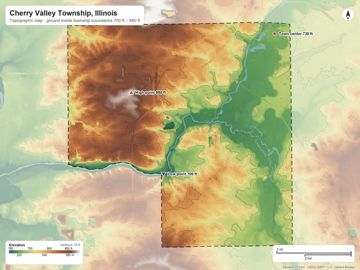 Topographic elevation map of Cherry Valley Township, Illinois, shaded from 700 ft on the southwest side to 880 ft on the west side