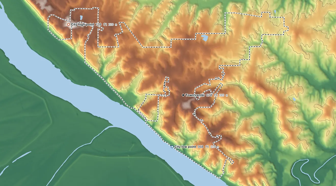 Topographic elevation map of Chester, Illinois, shaded from 360 ft on the south side to 720 ft on the northwest side
