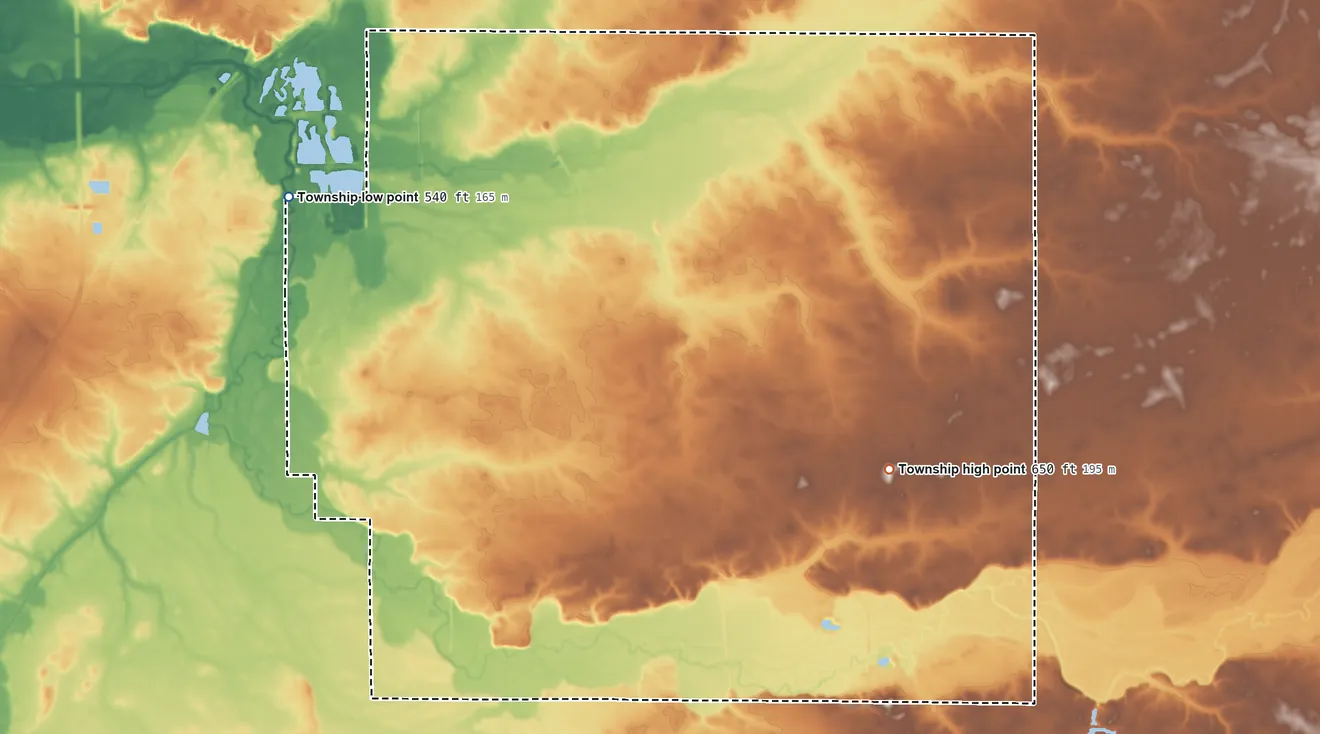 Topographic elevation map of Chester Township, Illinois, shaded from 540 ft on the northwest side to 650 ft on the southeast side