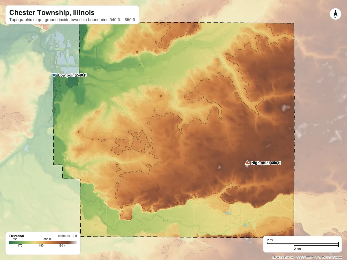 Topographic elevation map of Chester Township, Illinois, shaded from 540 ft on the northwest side to 650 ft on the southeast side