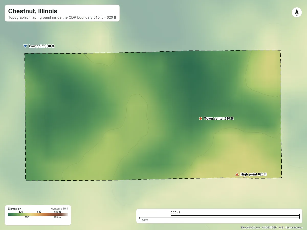 Topographic elevation map of Chestnut, Illinois, shaded from 610 ft on the northwest side to 620 ft on the southeast side