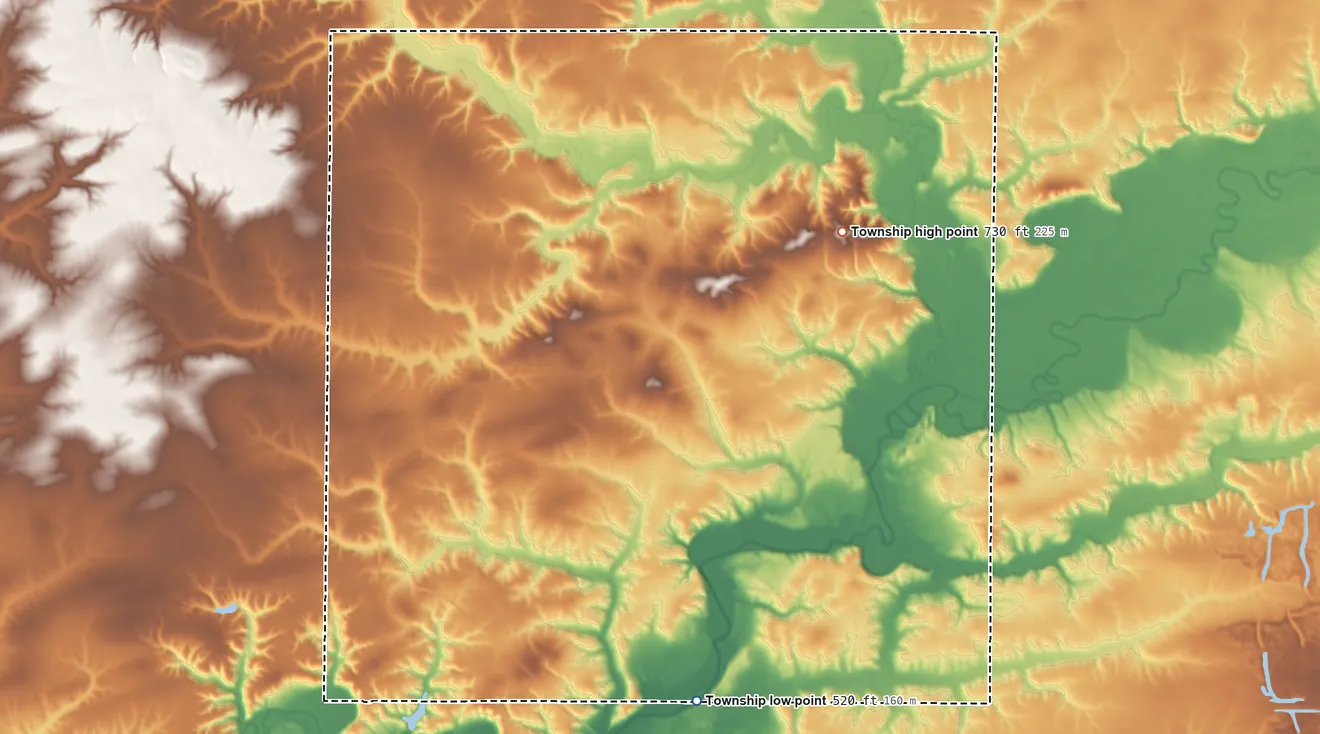 Topographic elevation map of Chestnut Township, Illinois, shaded from 520 ft on the south side to 730 ft on the northeast side