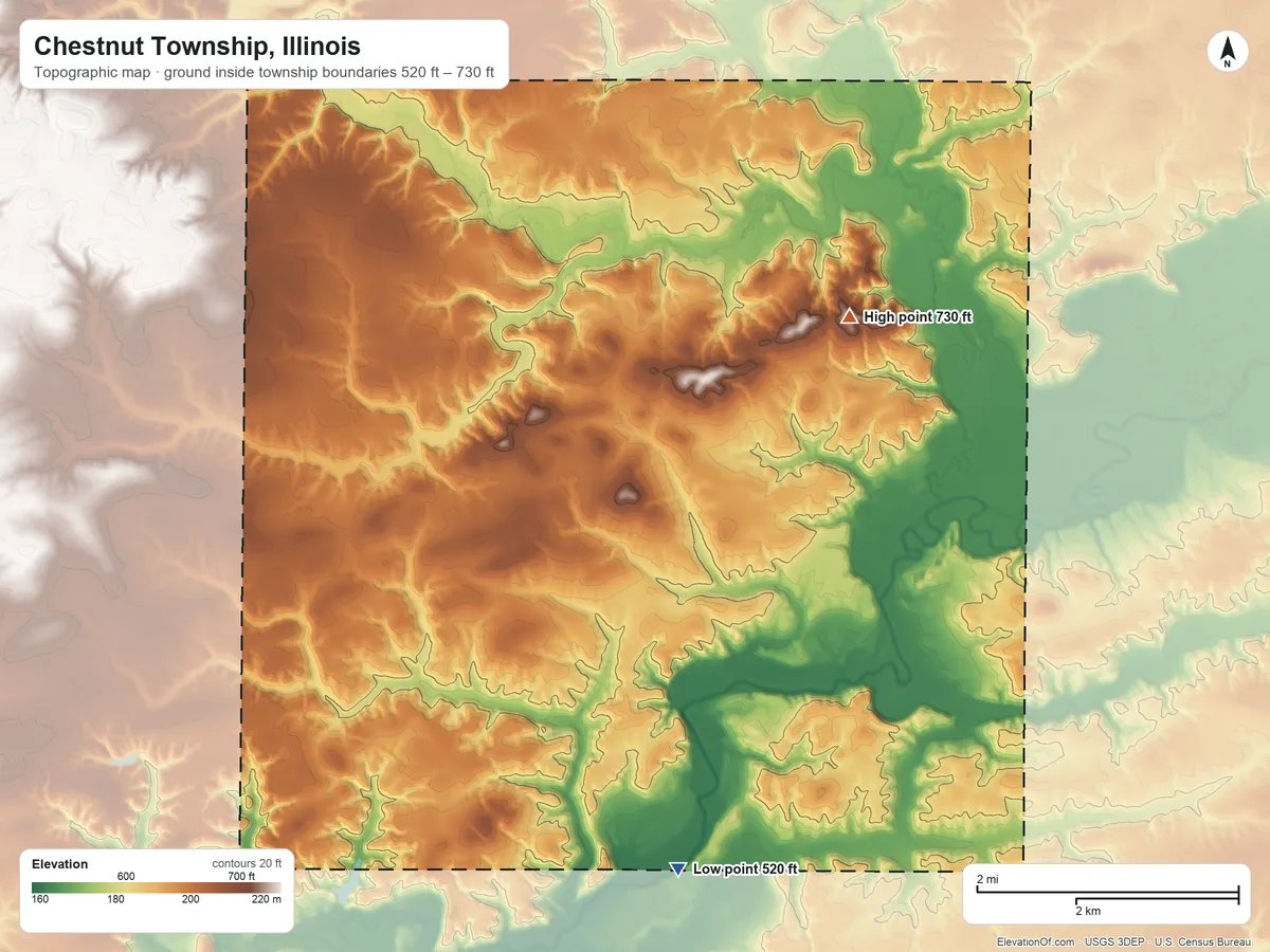 Topographic elevation map of Chestnut Township, Illinois, shaded from 520 ft on the south side to 730 ft on the northeast side