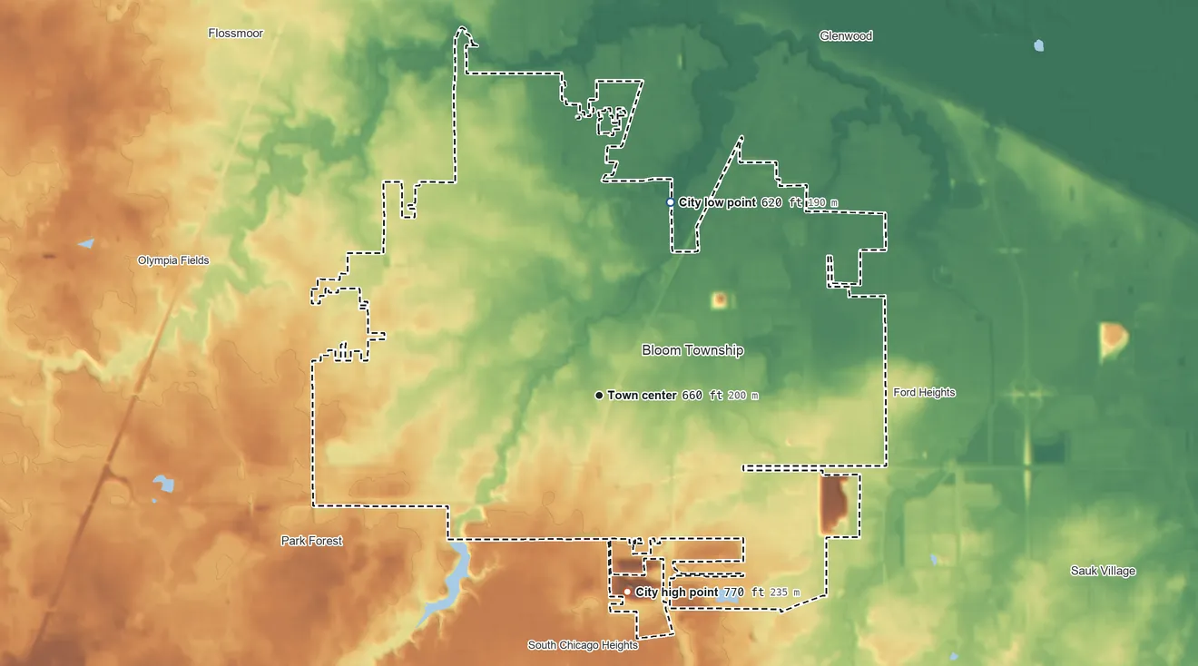 Topographic elevation map of Chicago Heights, Illinois, shaded from 620 ft on the north side to 770 ft on the south side