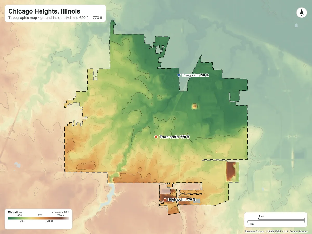 Topographic elevation map of Chicago Heights, Illinois, shaded from 620 ft on the north side to 770 ft on the south side
