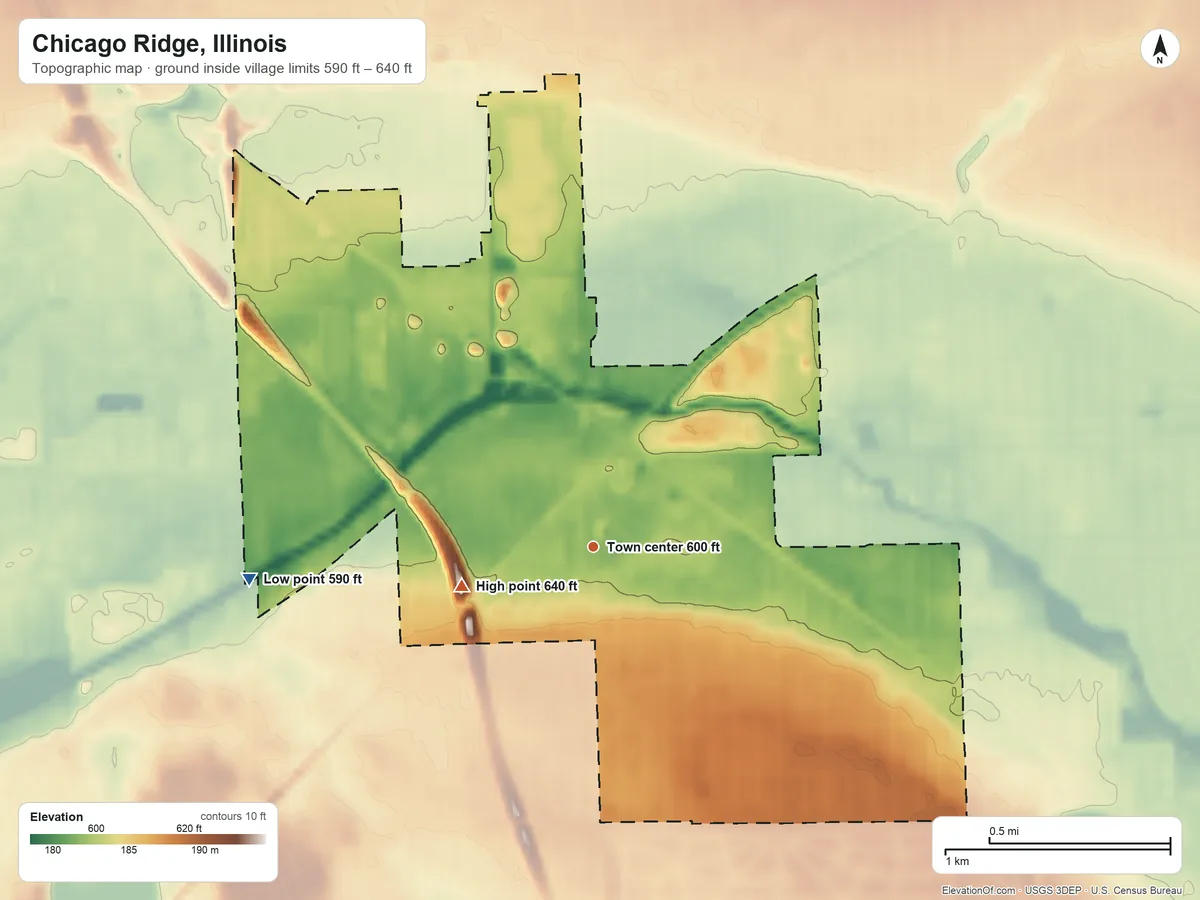 Topographic elevation map of Chicago Ridge, Illinois, shaded from 590 ft on the west side to 640 ft on the west side