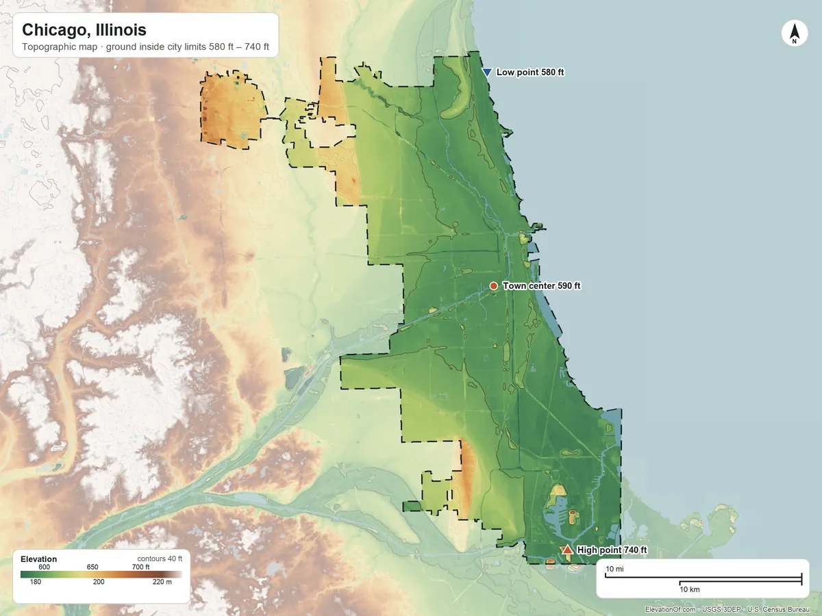Topographic elevation map of Chicago, Illinois, shaded from 580 ft on the north side to 740 ft on the south side