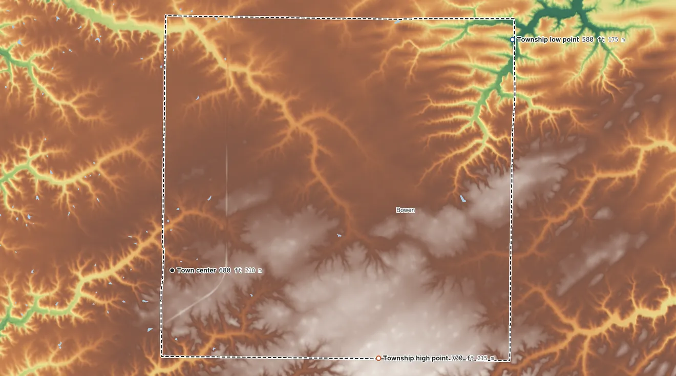 Topographic elevation map of Chili Township, Illinois, shaded from 580 ft on the northeast side to 700 ft on the southeast side