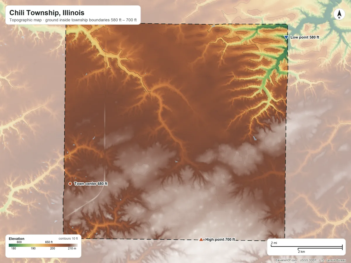 Topographic elevation map of Chili Township, Illinois, shaded from 580 ft on the northeast side to 700 ft on the southeast side