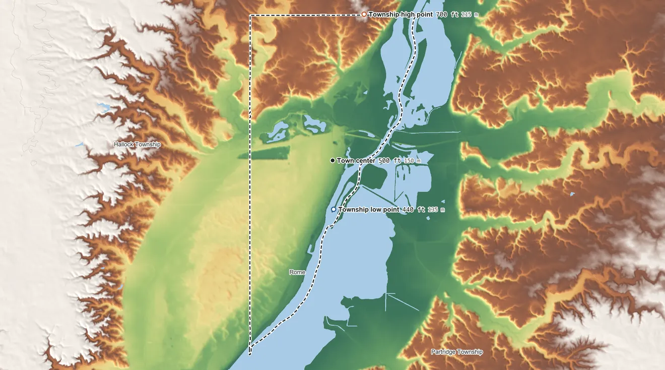 Topographic elevation map of Chillicothe Township, Illinois, shaded from 440 ft on the south side to 700 ft on the north side