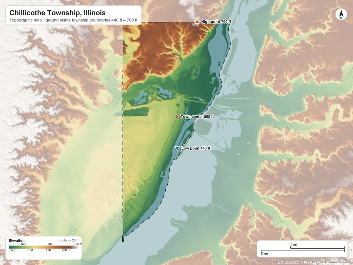 Topographic elevation map of Chillicothe Township, Illinois, shaded from 440 ft on the south side to 700 ft on the north side