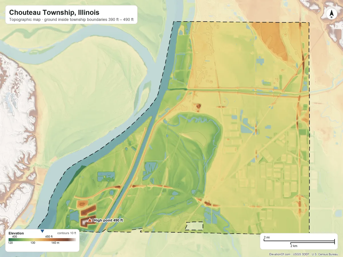 Topographic elevation map of Chouteau Township, Illinois, shaded from 390 ft on the southwest side to 490 ft on the southwest side