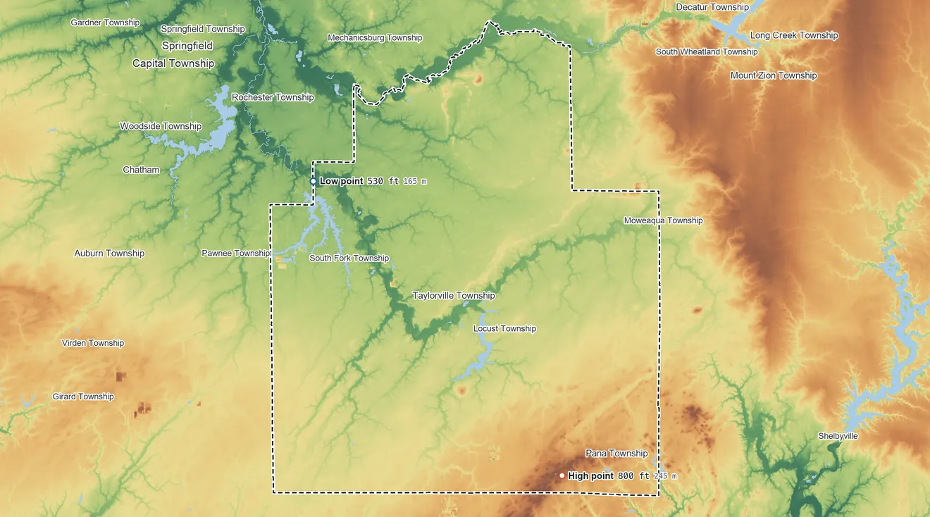 Topographic elevation map of Christian County, Illinois, shaded from 530 ft on the northwest side to 800 ft on the southeast side