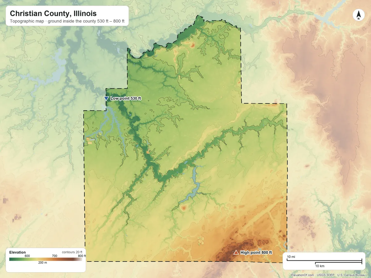 Topographic elevation map of Christian County, Illinois, shaded from 530 ft on the northwest side to 800 ft on the southeast side