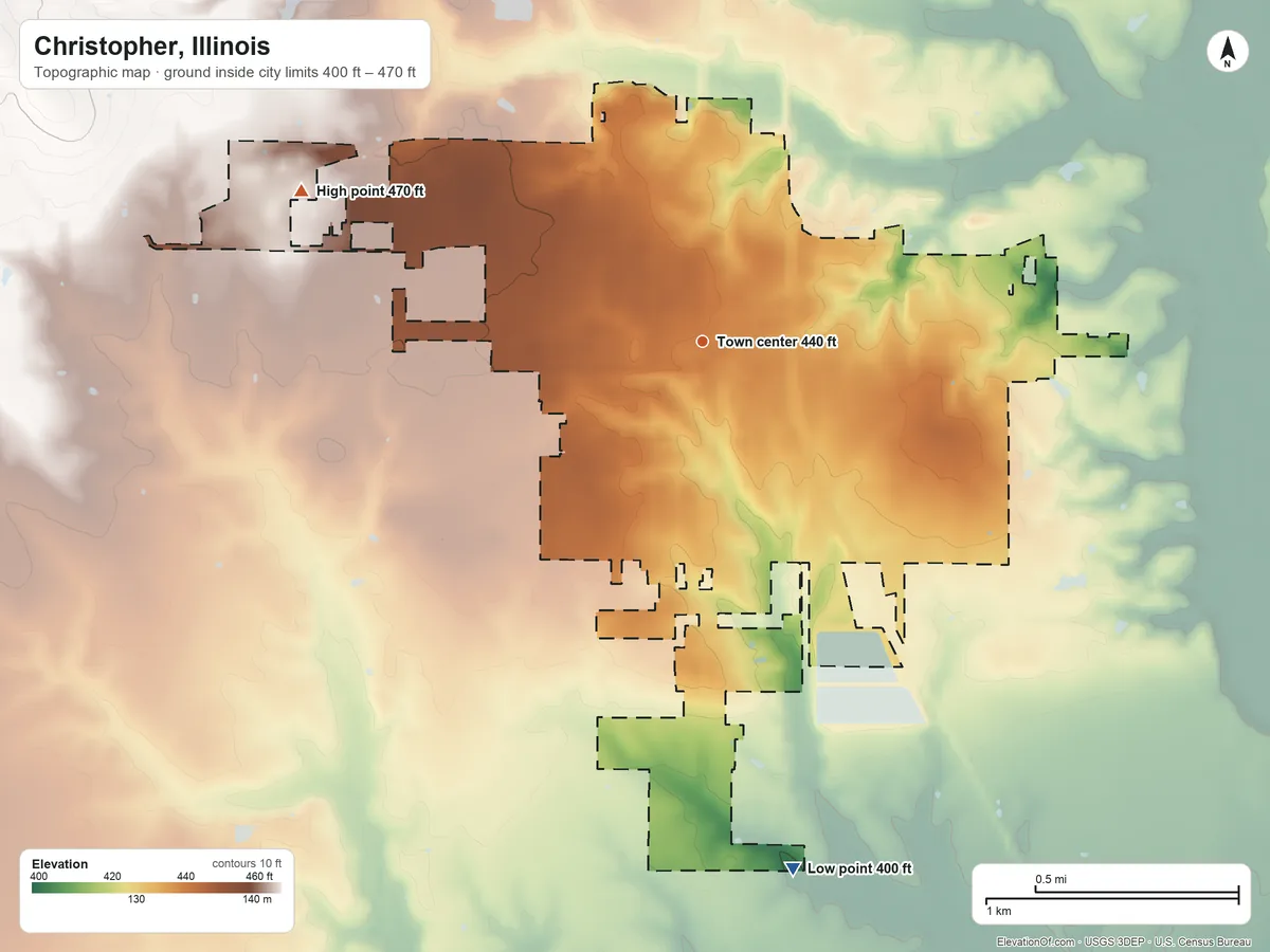 Topographic elevation map of Christopher, Illinois, shaded from 400 ft on the south side to 470 ft on the west side