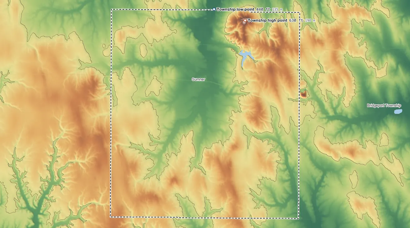 Topographic elevation map of Christy Township, Illinois, shaded from 440 ft on the northeast side to 631 ft on Red Hill