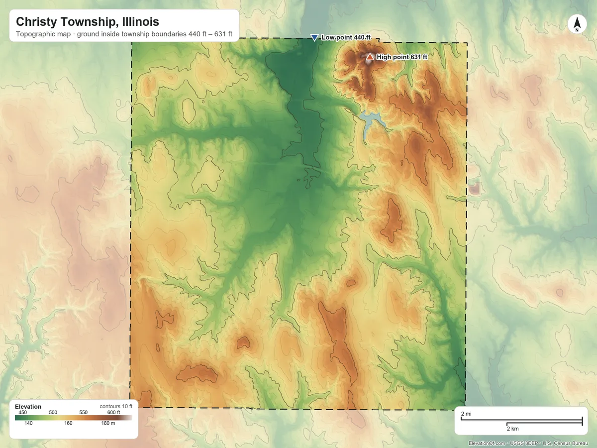 Topographic elevation map of Christy Township, Illinois, shaded from 440 ft on the northeast side to 631 ft on Red Hill