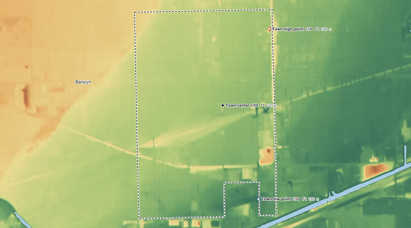 Topographic elevation map of Cicero, Illinois, shaded from 590 ft on the south side to 650 ft on the northeast side