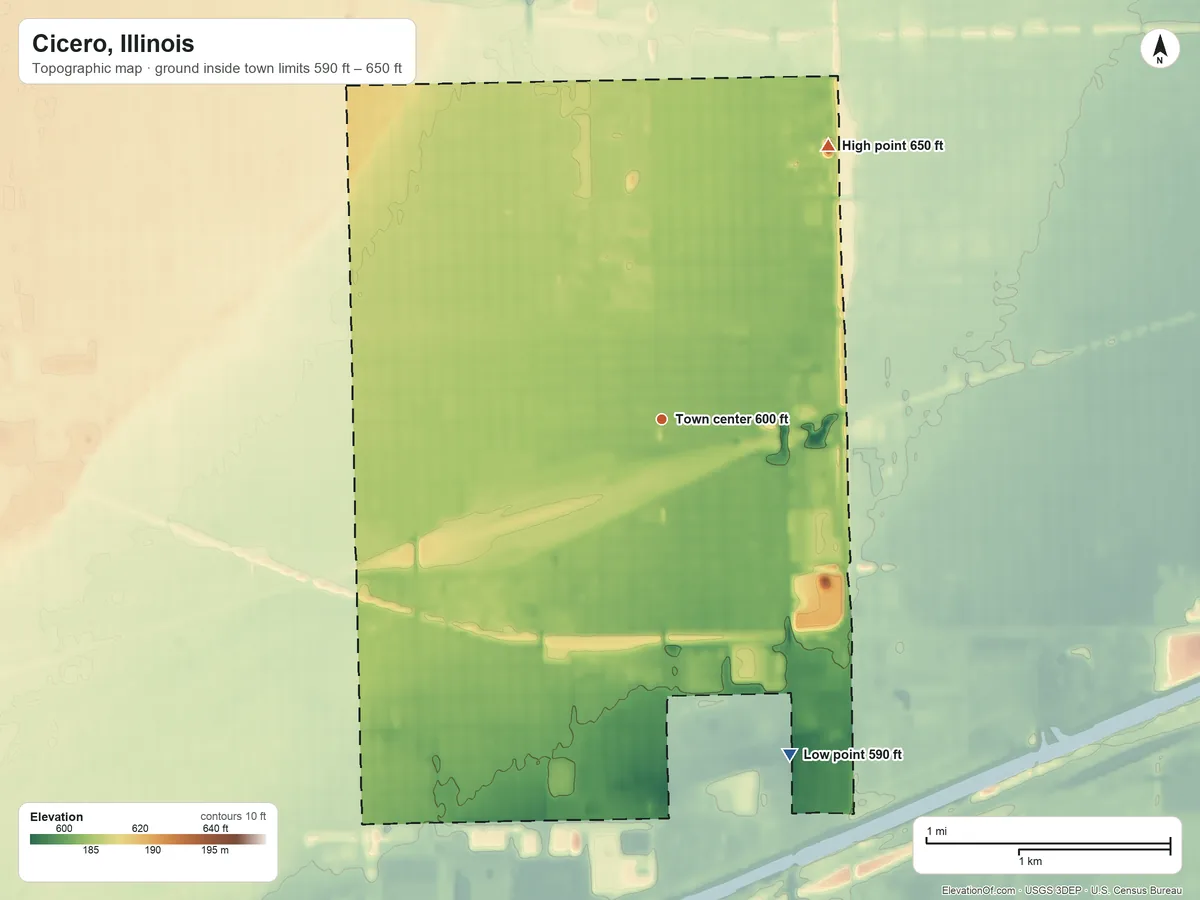 Topographic elevation map of Cicero, Illinois, shaded from 590 ft on the south side to 650 ft on the northeast side