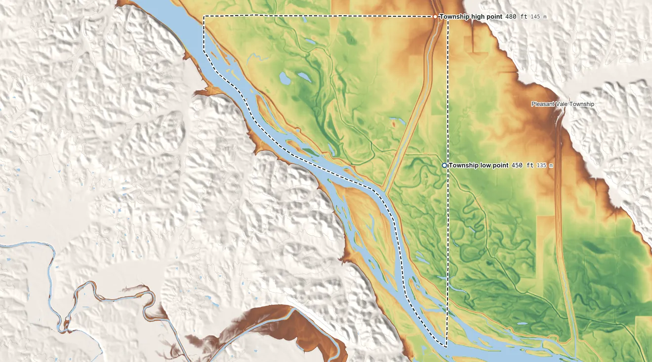 Topographic elevation map of Cincinnati Township, Pike County, Illinois, shaded from 450 ft on the southeast side to 480 ft on the northeast side