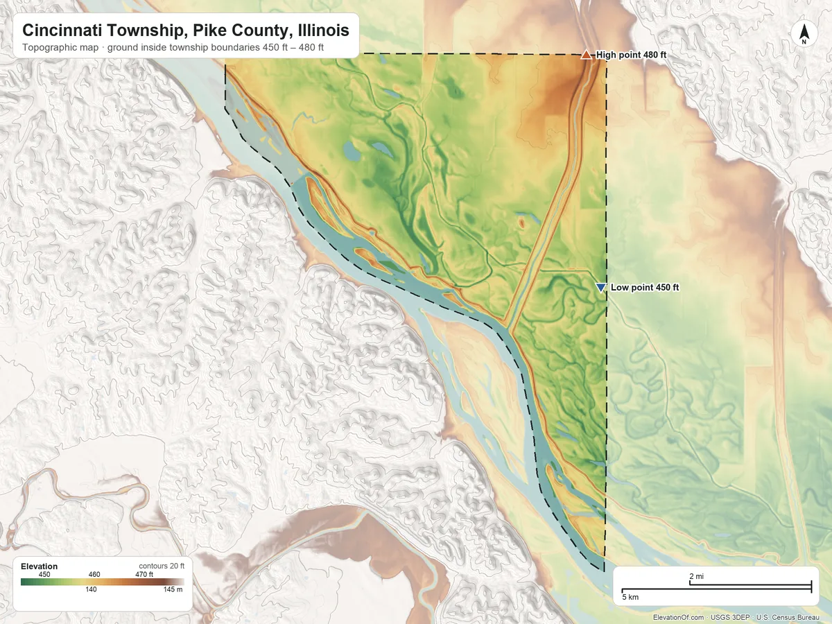 Topographic elevation map of Cincinnati Township, Pike County, Illinois, shaded from 450 ft on the southeast side to 480 ft on the northeast side