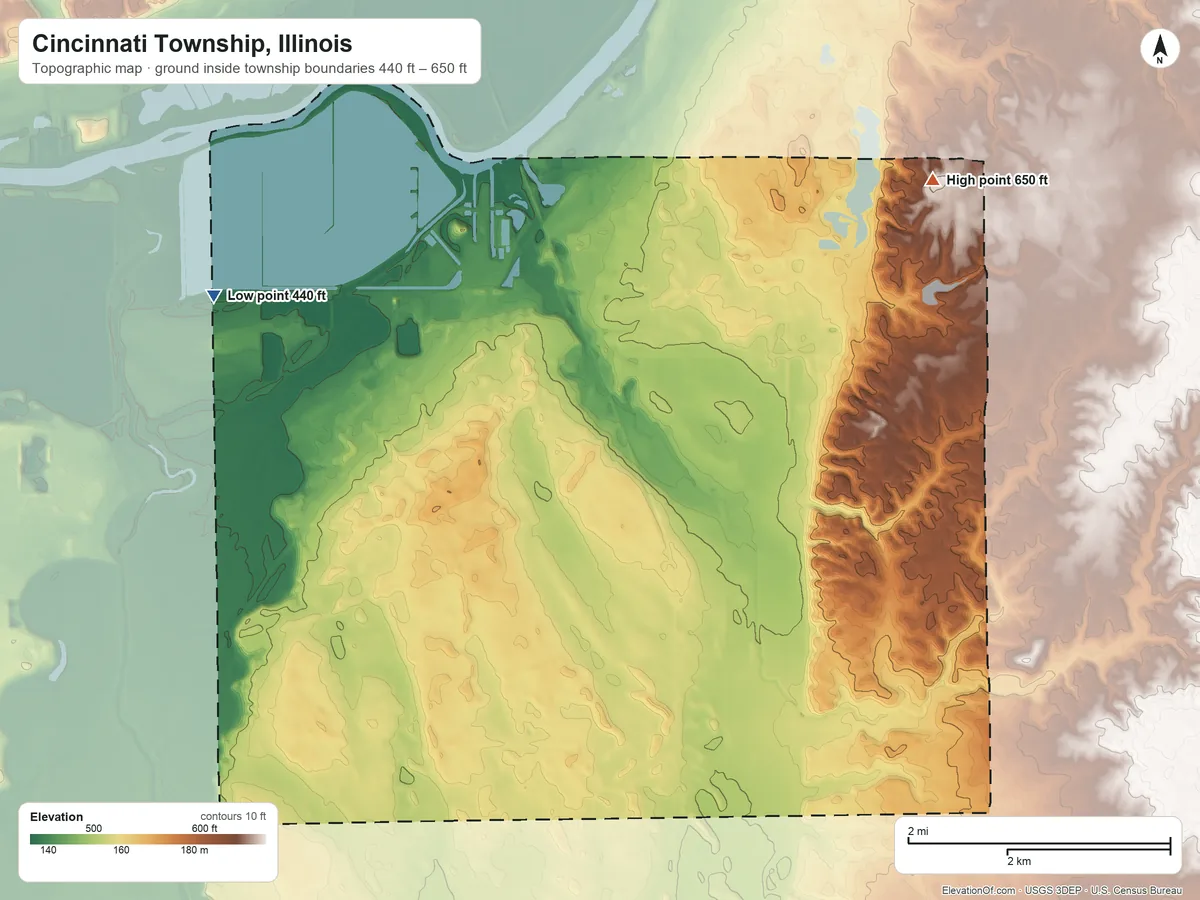 Topographic elevation map of Cincinnati Township, Illinois, shaded from 440 ft on the west side to 650 ft on the northeast side