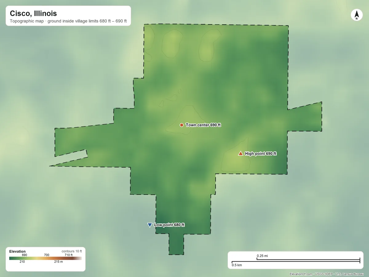 Topographic elevation map of Cisco, Illinois, shaded from 680 ft on the south side to 690 ft on the southeast side