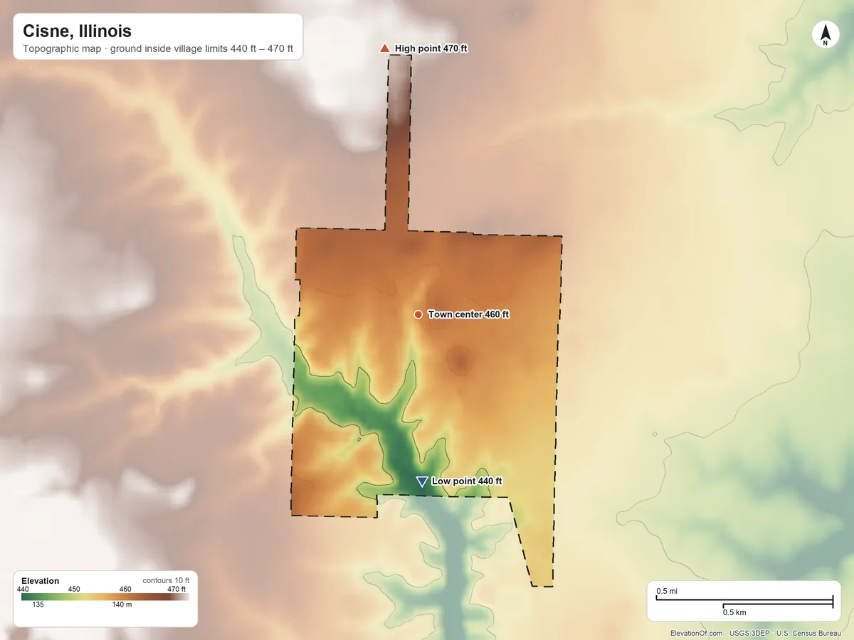 Topographic elevation map of Cisne, Illinois, shaded from 440 ft on the south side to 470 ft on the north side
