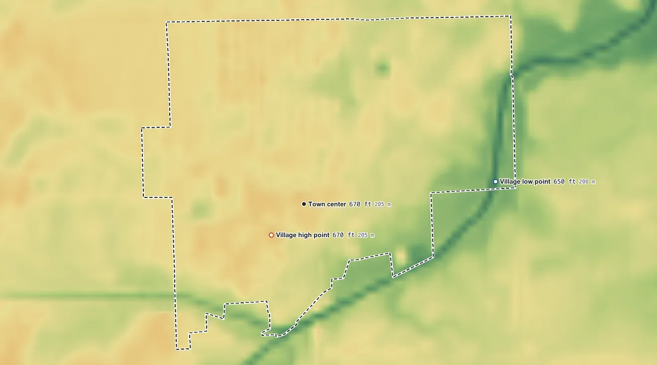 Topographic elevation map of Cissna Park, Illinois, shaded from 650 ft on the east side to 670 ft near the middle