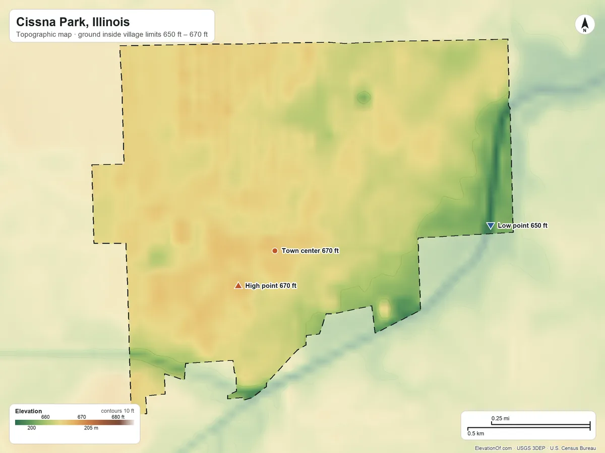 Topographic elevation map of Cissna Park, Illinois, shaded from 650 ft on the east side to 670 ft near the middle