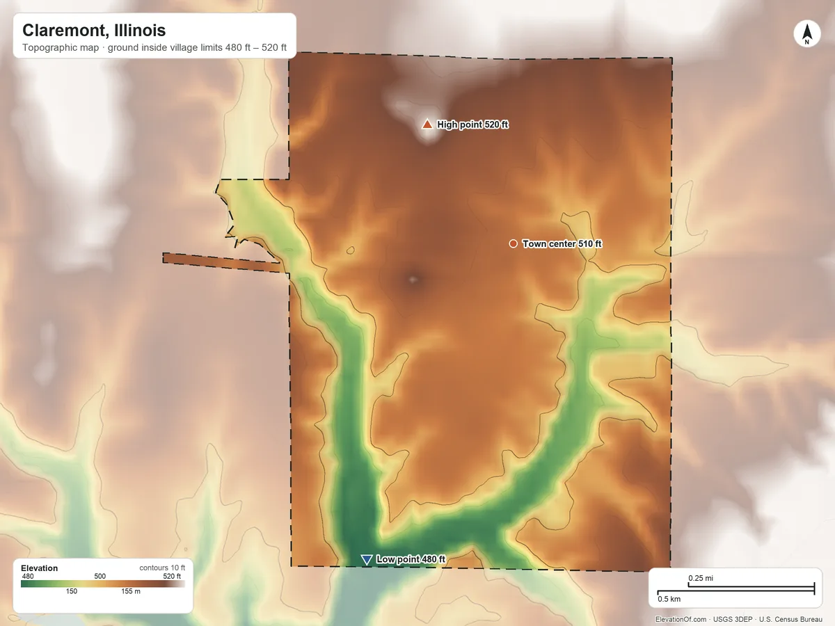 Topographic elevation map of Claremont, Illinois, shaded from 480 ft on the southwest side to 520 ft on the northwest side