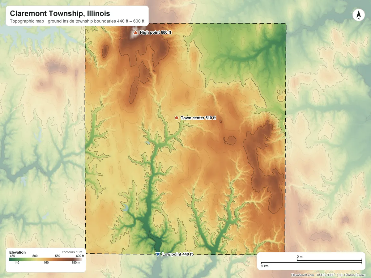 Topographic elevation map of Claremont Township, Illinois, shaded from 440 ft on the south side to 600 ft on the northwest side