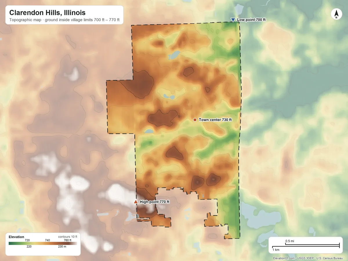Topographic elevation map of Clarendon Hills, Illinois, shaded from 700 ft on the north side to 770 ft on the southwest side