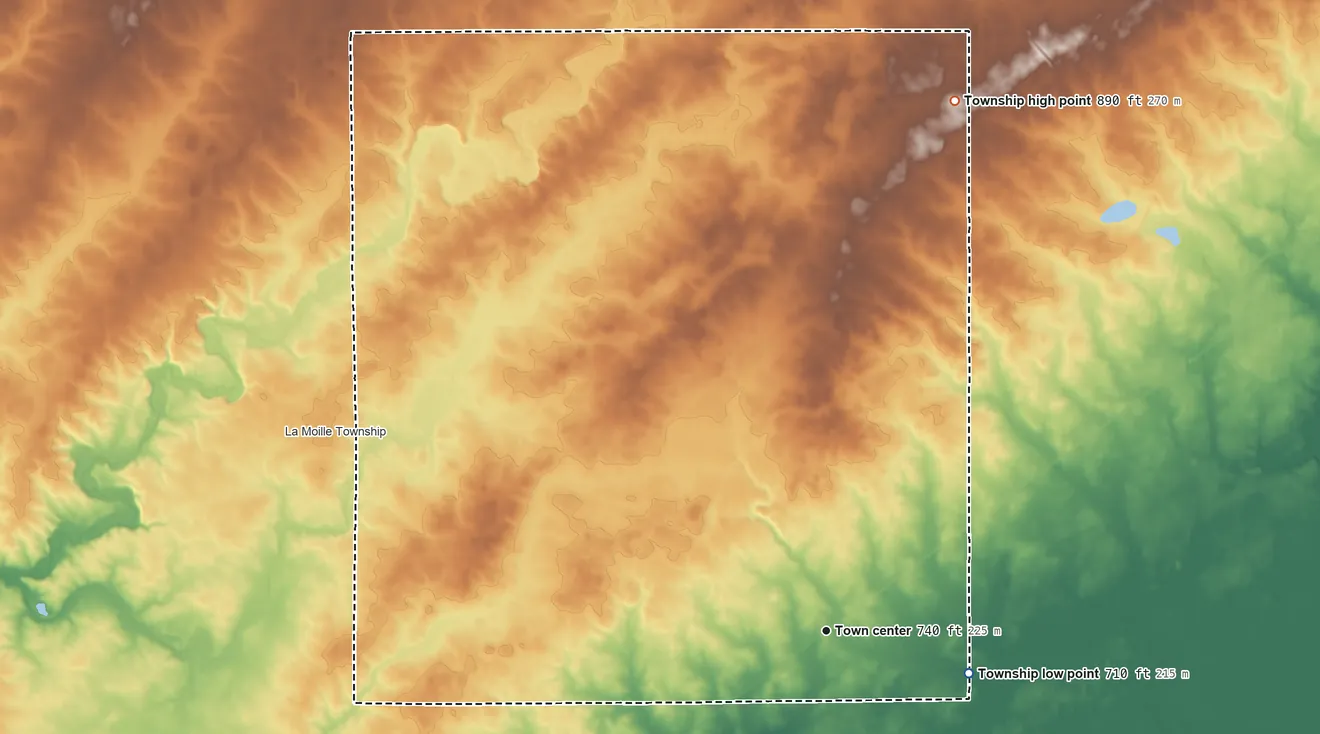 Topographic elevation map of Clarion Township, Illinois, shaded from 710 ft on the east side to 890 ft on the north side