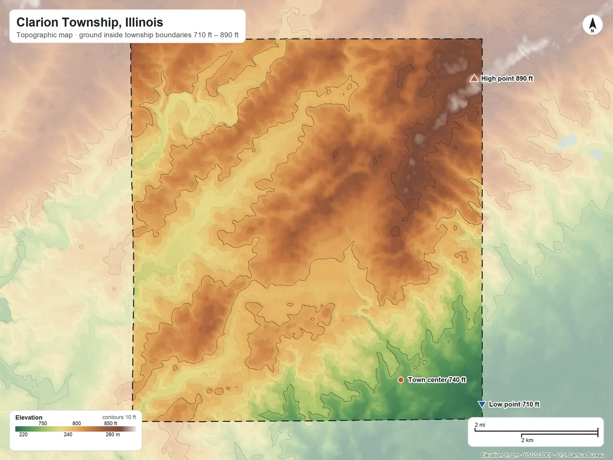 Topographic elevation map of Clarion Township, Illinois, shaded from 710 ft on the east side to 890 ft on the north side