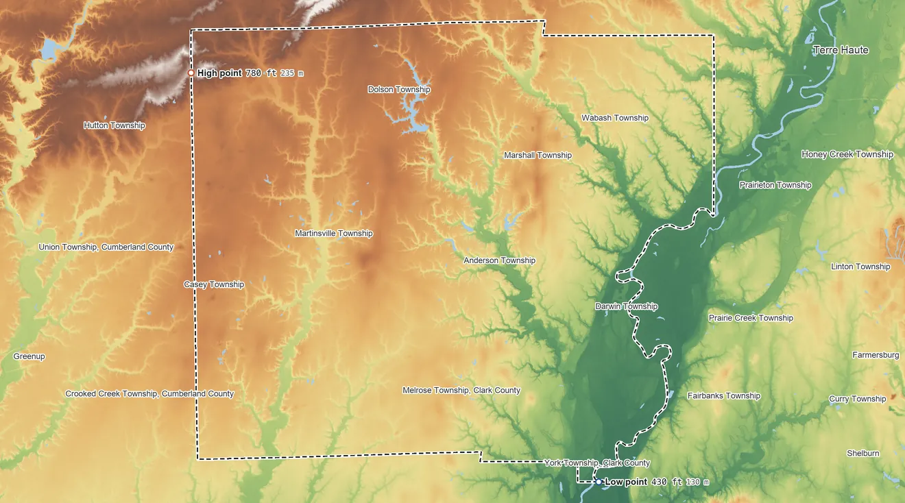 Topographic elevation map of Clark County, Illinois, shaded from 430 ft on the southeast side to 780 ft on the northwest side