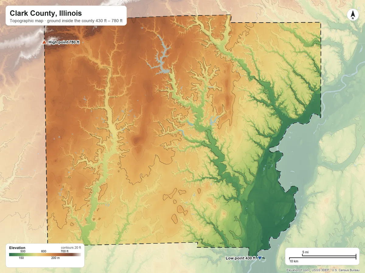 Topographic elevation map of Clark County, Illinois, shaded from 430 ft on the southeast side to 780 ft on the northwest side