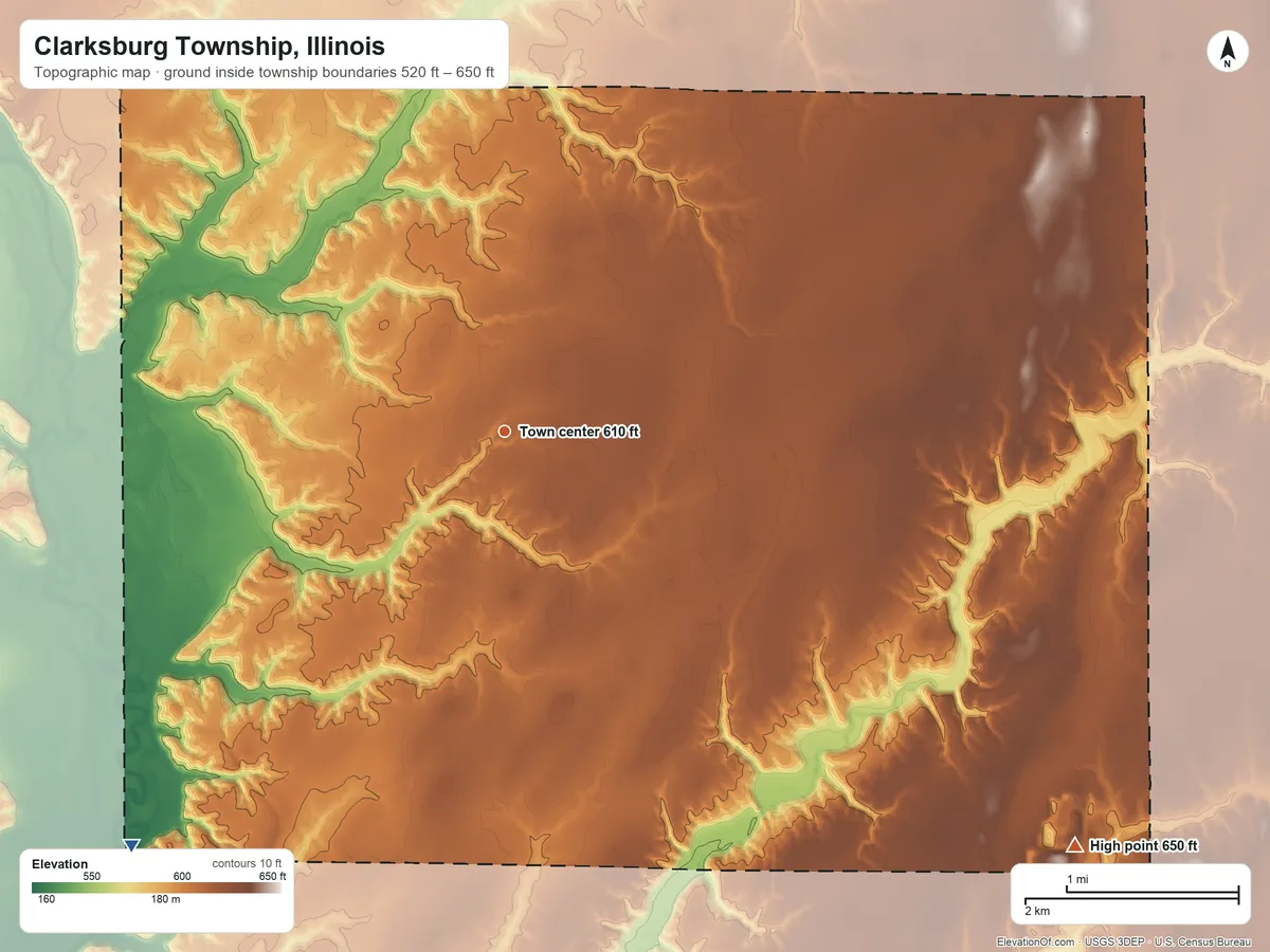 Topographic elevation map of Clarksburg Township, Illinois, shaded from 520 ft on the southwest side to 650 ft on the southeast side