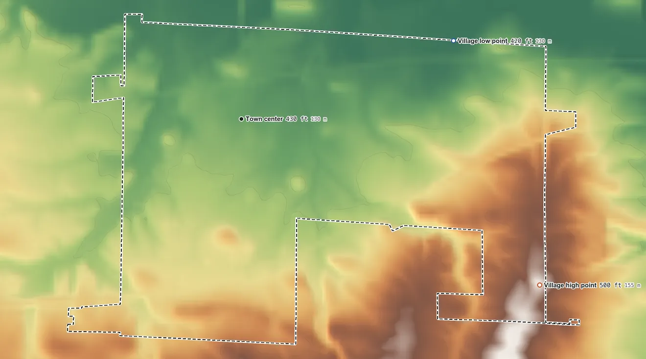 Topographic elevation map of Clay City, Illinois, shaded from 420 ft on the east side to 500 ft on the southeast side