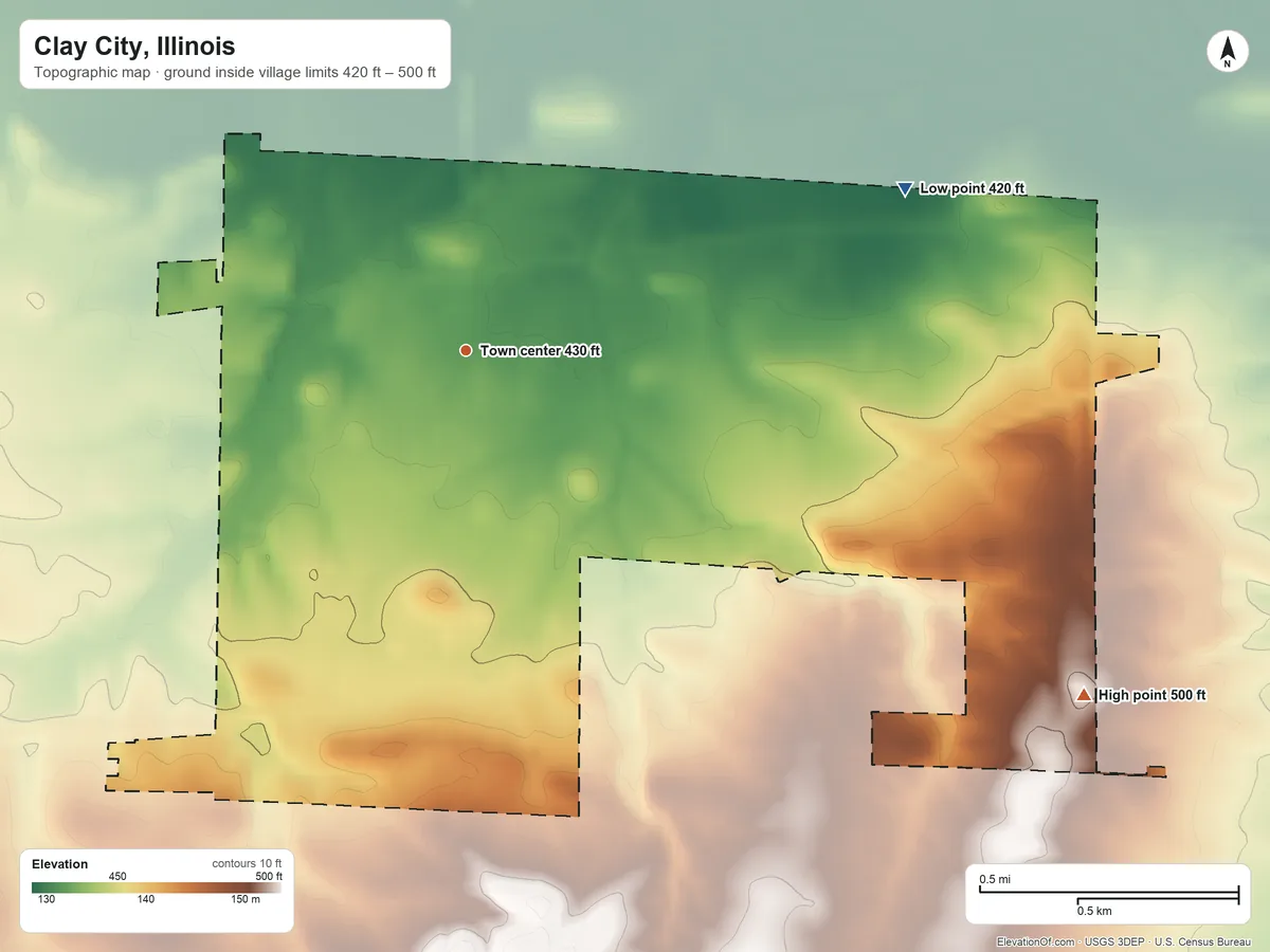 Topographic elevation map of Clay City, Illinois, shaded from 420 ft on the east side to 500 ft on the southeast side