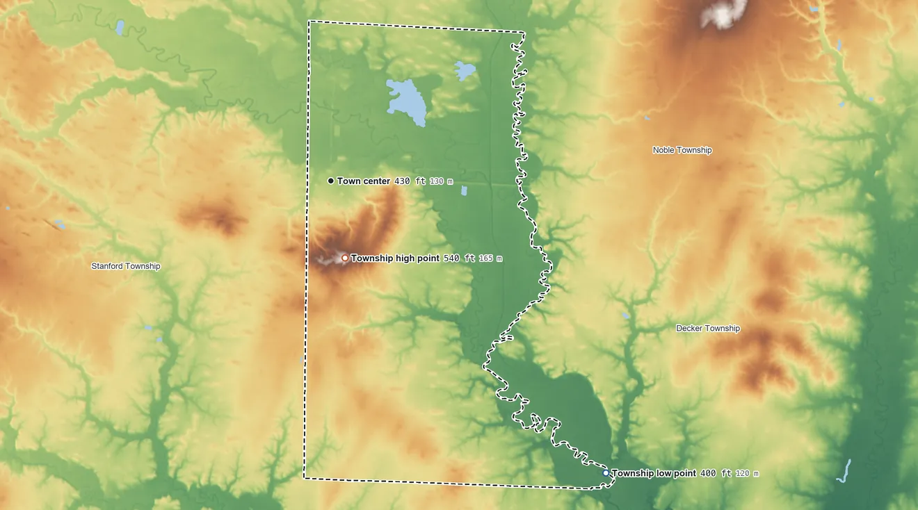 Topographic elevation map of Clay City Township, Illinois, shaded from 400 ft on the southeast side to 540 ft on the south side