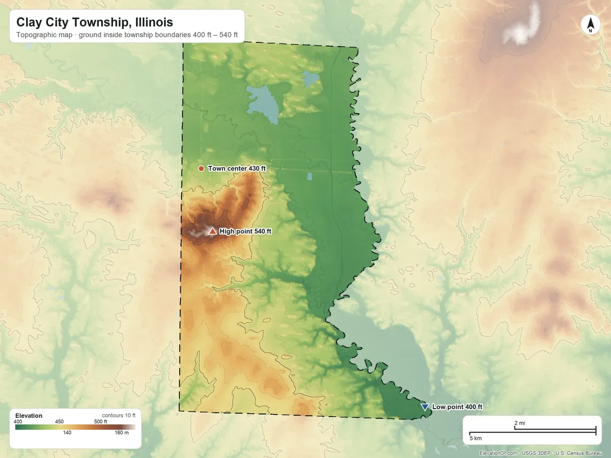 Topographic elevation map of Clay City Township, Illinois, shaded from 400 ft on the southeast side to 540 ft on the south side