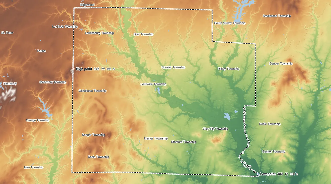 Topographic elevation map of Clay County, Illinois, shaded from 400 ft on the southeast side to 640 ft on the west side