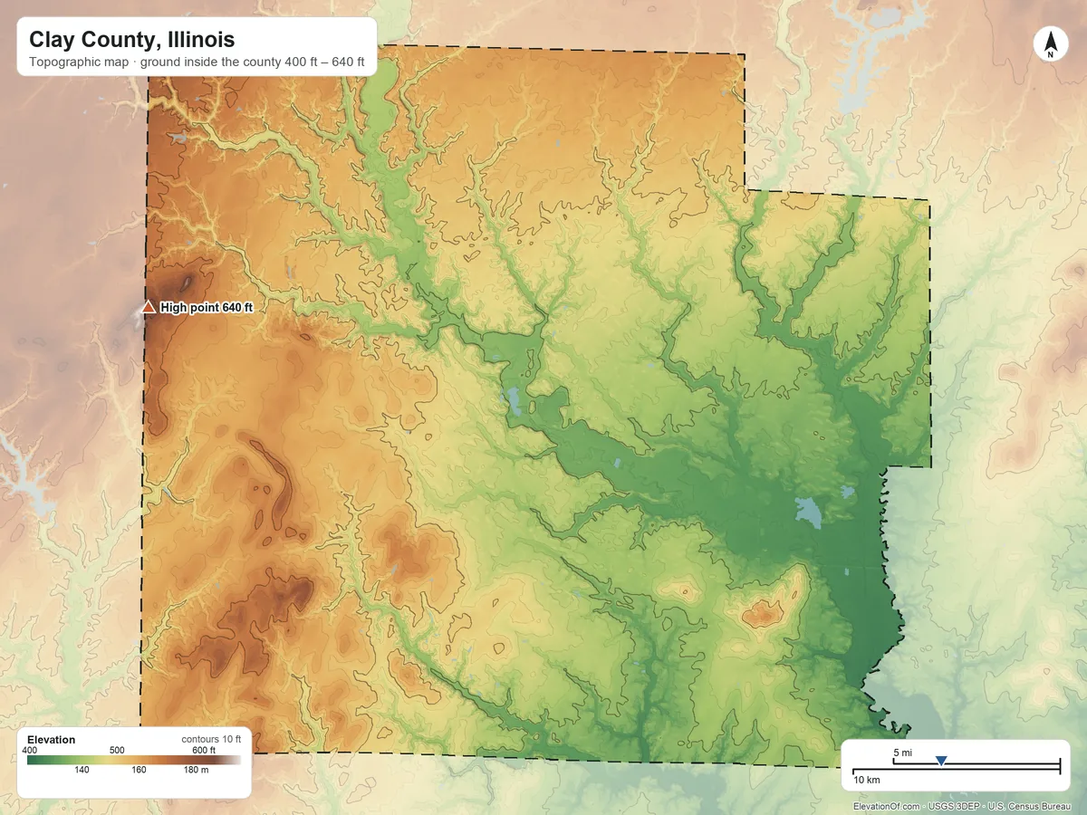Topographic elevation map of Clay County, Illinois, shaded from 400 ft on the southeast side to 640 ft on the west side